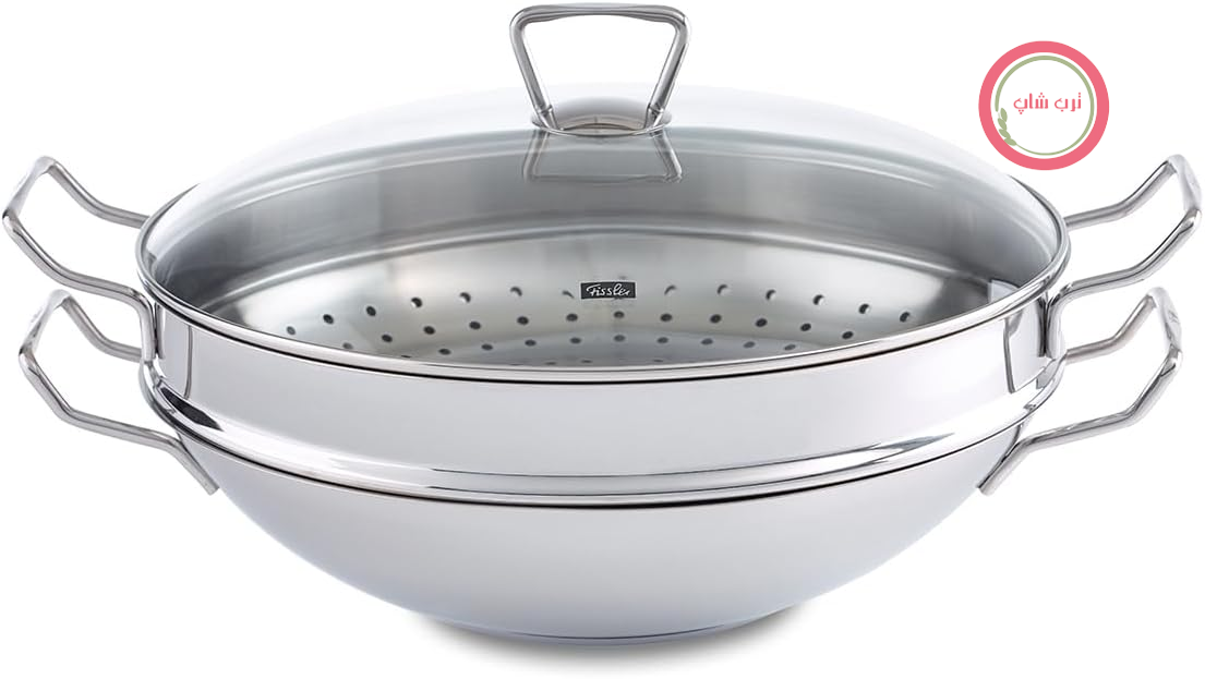 ماهیتابه ووک نانجینگ فیسلر آلمان Fissler Nanjing Wok (قطر ۳۶ سانتی‌متر) تابه ووک بزرگ بدون روکش با درب شیشه‌ای شامل محفظه بخارپز